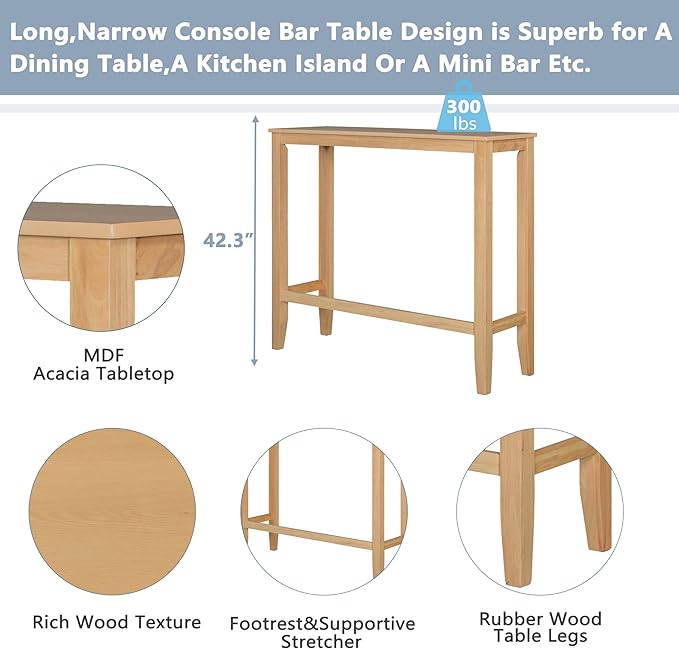 Farmhouse Bar Table Set of 3, Includes 48" Rectangular Wood Dining Table and 2 Bar Stools, Counter Height Kitchen Table Set for Small Spaces (Natural Color + Beige + Solid Wood + Foam)