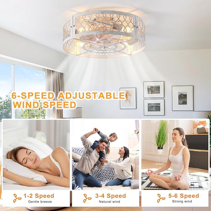 Garwarm Caged Ceiling Fan with Light,20" Flush Mount Ceiling Fan with Remote,Bladeless Low Profile Fandelier Small Ceiling Fans with Lights for Bedroom,Dining Room