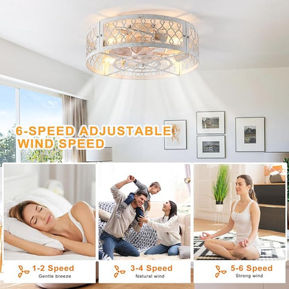 Garwarm Caged Ceiling Fan with Light,20" Flush Mount Ceiling Fan with Remote,Bladeless Low Profile Fandelier Small Ceiling Fans with Lights for Bedroom,Dining Room