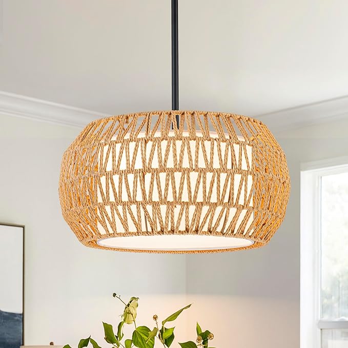 3-Light Farmhouse Rattan Chandelier,15.7'' Boho Hand Woven Drum Pendant Light Fixtures with Fabric Shade,Coastal Rattan Hanging Ceiling Lights for Kitchen Island,Dining Room,Living Room,Entryway,Foyer