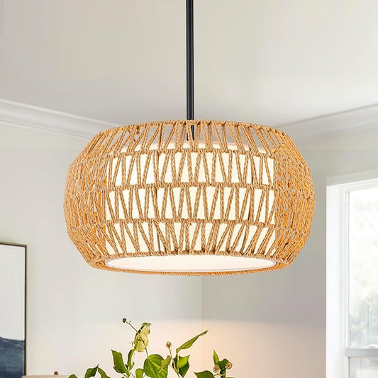 3-Light Farmhouse Rattan Chandelier,15.7'' Boho Hand Woven Drum Pendant Light Fixtures with Fabric Shade,Coastal Rattan Hanging Ceiling Lights for Kitchen Island,Dining Room,Living Room,Entryway,Foyer
