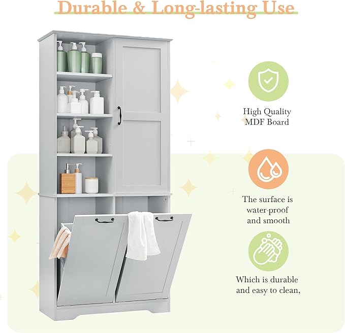 68" Tall Bathroom Storage Cabinet with One Door and Two Laundry Hampers for Home Display Organizer, Adjustable Shelf, Gray