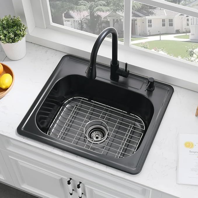 25 Inch Drop In Kitchen Sink Black-Bokaiya 25x22 Drop In Sink Black Stainless Steel 18 Gauge Single Bowl Outdoor Top Mount Kitchen Sinks with Dish Grid