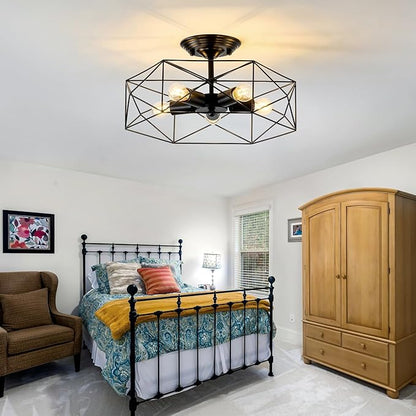 5-Light Farmhouse Semi Flush Mount Ceiling Light Fixture, Modern Black Ceiling Light, Industrial Close to Ceiling Light with Metal Hexagon Cage Ceiling Lamp for Kitchen, Hallway, Bathroom，closet