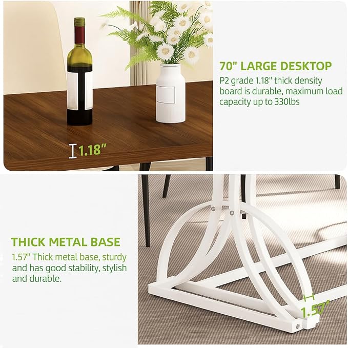 YITAHOME 70.3 Inch Modern Minimalist Dining Table for 6-8, Sturdy Wooden Table with Geometric White Metal Legs, for Dining Room, Kitchen, Conference Room