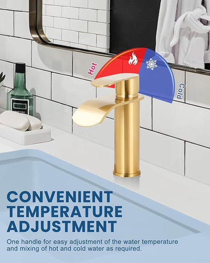 WOWOW Waterfall Bathroom Faucet, Gold Bathroom Sink Faucet for 1 Hole or 3 Holes, Single Handle Vanity with Metal Pop up Drain, Stainless Steel Basin Sink Faucet Tap for RV Lavatory