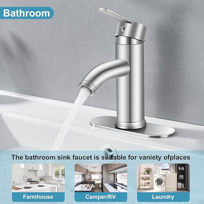 Brushed Nickel Bathroom Faucet Single Handle for 1 or 3 Hole Bathroom Sink Faucet with Deck Pop-up Drain and Supply Pipe,for Mixing wash Basin, RV