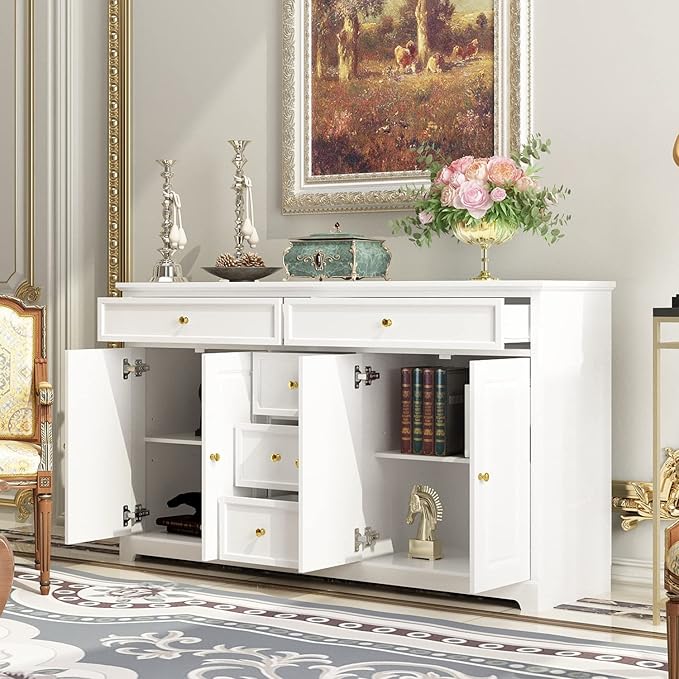 ECACAD Sideboard Buffet Cabinet with 4 Storage Compartments & 5 Drawers, Kitchen Console Table Storage Cabinet Coffee Bar for Living Room, Hallway, White