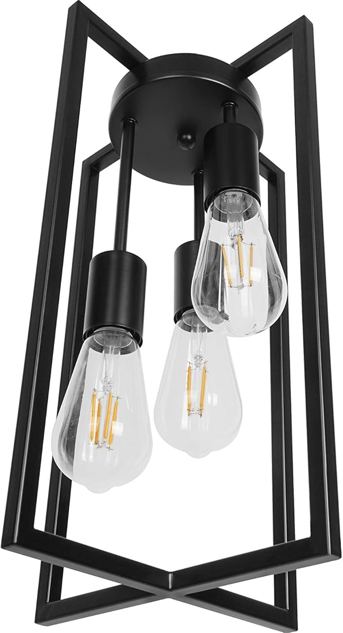 Modern Black Industrial Farmhouse Pendant Lighting, Rectangle Metal Cage Chandelier Hanging Light Fixture for Kitchen Island, Dining Room, Entryway, Hallway (3-Light)