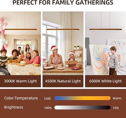 47" Wood Linear Pendant Light,Dimmable Kitchen Island Lighting with Remote,28W LED Island Lights for Kitchen,Linear Chandelier for Dinning Room Light Fixture,Pool Table Light Walnut