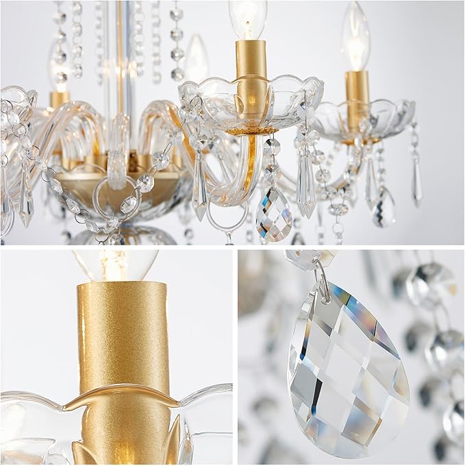 WUZUPS 6-Light Crystal Candle Chandelier Pendant Ceiling Light Modern Lighting Fixture for Bedroom Hallway Bar Kitchen Bathroom, H 25.6" W 24.4", E12 Base, Gold