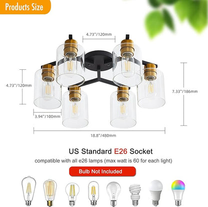 Black and Gold Semi Flush Mount Ceiling Light, 6 Light Vintage Kitchen Ceiling Lighting Fixtures, Large Ceiling Light Fixtures with Clear Glass Shade for Hallway, Living Room, Bedroom, Farmhouse