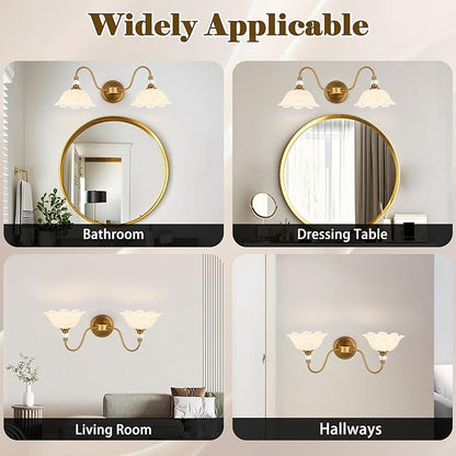 Vintage Bathroom Vanity Light, 2-Light Matte Brass Finish Vanity Light with Floral White Glass Shades, Retro Wall Sconce for Bathroom, Dressing Table