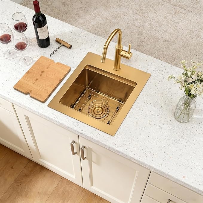 Gold Bar Sink,15 Inch Drop In Gold Kitchen Sink, 15" x 15" x 9" Small but Deep Single Bowl RV Kitchen Sinks, 16 Gauge SUS304 Stainless Steel All In One Workstation Sinks with Accessories