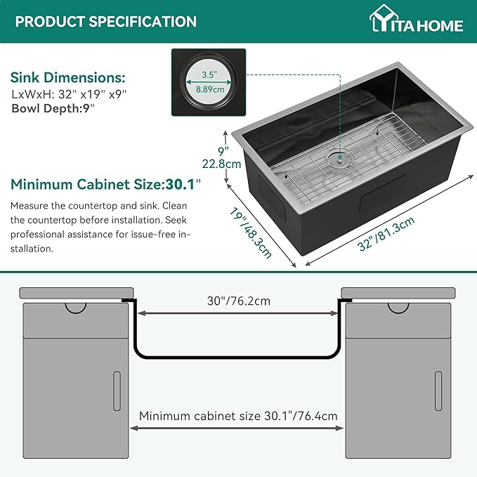 YITAHOME Black Kitchen Undermount Sink 32in Single Bowl 16 Gauge Stainless Steel Nano Gunmetal Black Sink with Accessories for Workstation, Prep Kitchen, Bar 32 x 19 x 10in