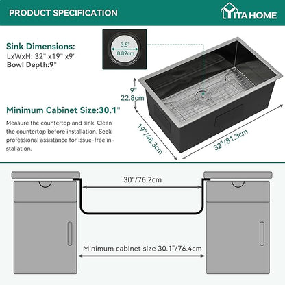 YITAHOME Black Kitchen Undermount Sink 32in Single Bowl 16 Gauge Stainless Steel Nano Gunmetal Black Sink with Accessories for Workstation, Prep Kitchen, Bar 32 x 19 x 10in