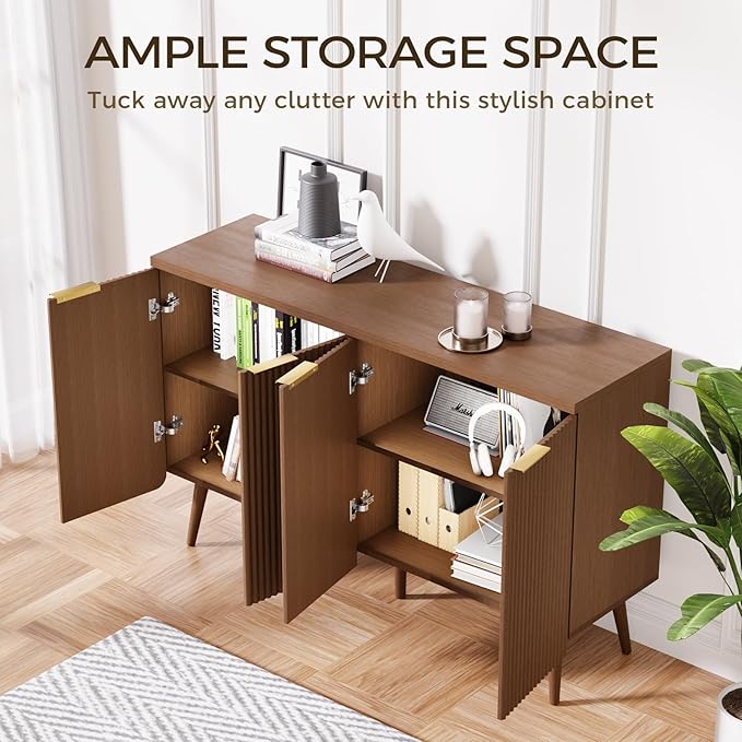 Walnut 47.2" Modern Fluted Wood Sideboard – 4-Door Buffet Cabinet with Adjustable Shelves, Multi-Space Storage Credenza for Living Room, Dining Room & Entryway