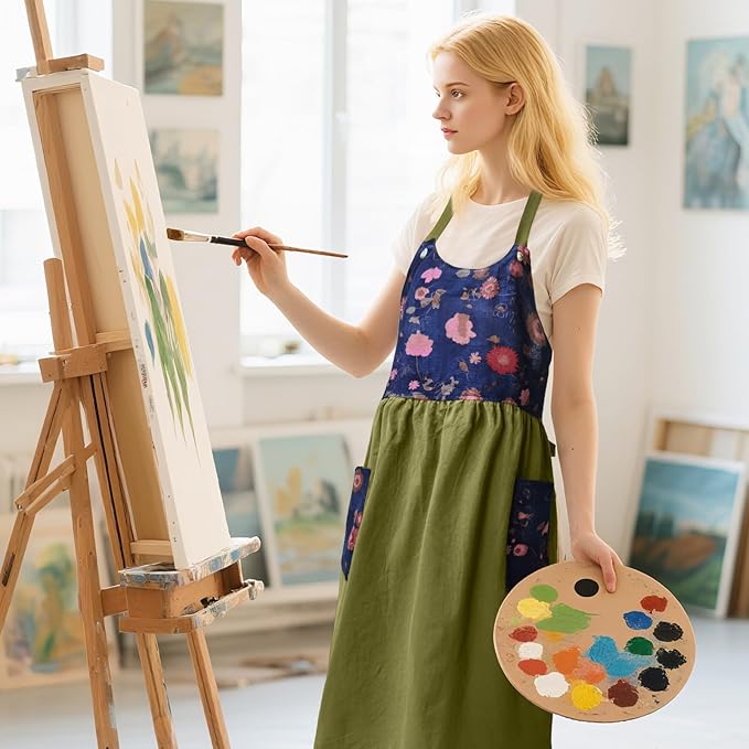 Cityelf Vintage Pinafore Apron Dress Snap Adjust Linen Cotton with Pockets Floral Aprons for Cooking Gardening