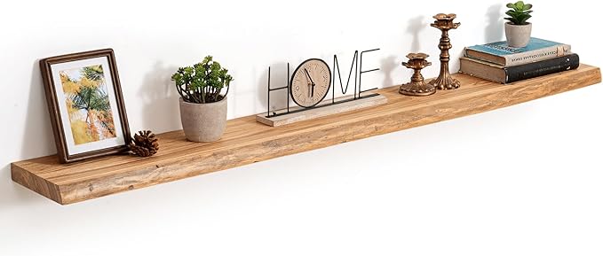 55 Inch Live Edge Floating Shelves, 8 Inch Deep Solid Elm Wood Wall Shelf, Heavy-Duty Wall Mounted Shelf with Invisible Brackets for Living Room, Bathroom, Kitchen, Set of 1, Natural Color