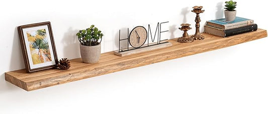 55 Inch Live Edge Floating Shelves, 8 Inch Deep Solid Elm Wood Wall Shelf, Heavy-Duty Wall Mounted Shelf with Invisible Brackets for Living Room, Bathroom, Kitchen, Set of 1, Natural Color