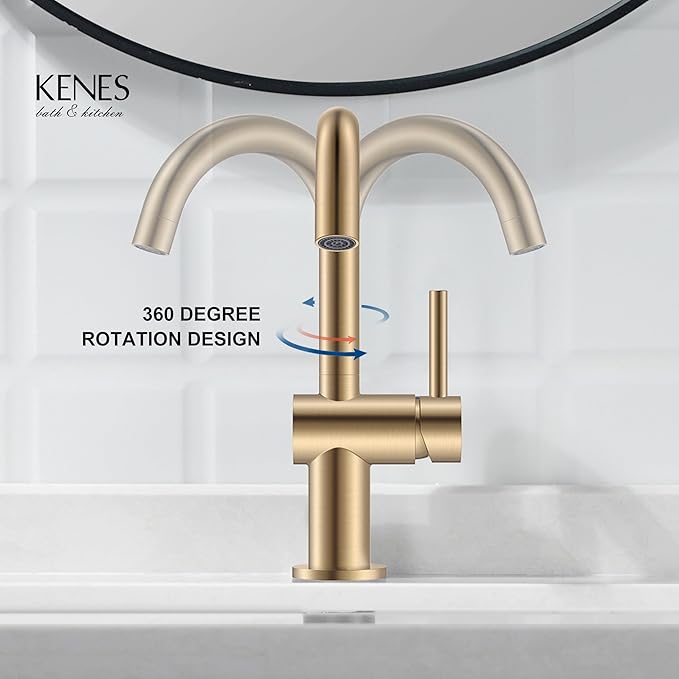 KENES Champagne Bronze Bathroom Faucet 1 Hole, Single Handle Gold Bathroom Sink Faucet for Vanity, Bar Sink Faucet with Drain Assembly & Deck Plate, Farmhouse RV Camper Outdoor Faucet, KE-9005B-CB