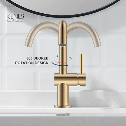KENES Champagne Bronze Bathroom Faucet 1 Hole, Single Handle Gold Bathroom Sink Faucet for Vanity, Bar Sink Faucet with Drain Assembly & Deck Plate, Farmhouse RV Camper Outdoor Faucet, KE-9005B-CB