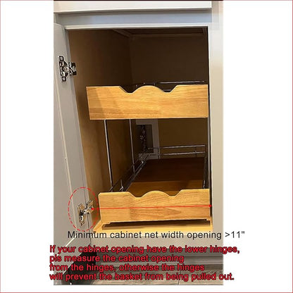 DINDON 2 Tier Pull Out Cabinet Organizer (11" W x 21" D) Slide Out Wood Shelf Organizers Double Tier Kitchen Wire Basket with Chrome Finish…