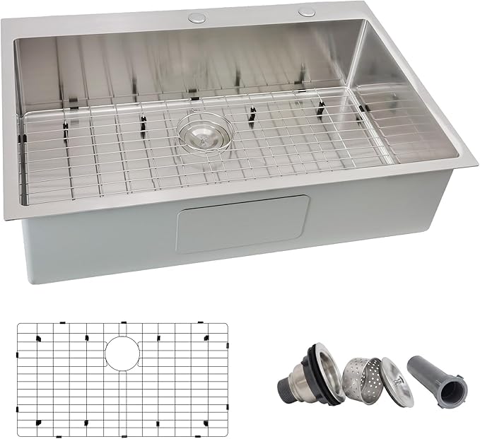 33x22 Drop In Kitchen Sink, Delironexu 18 Gauge 304 Stainless Steel Single Bowl Kitchen Sink, 33 Inch Top Mount Kitchen Sink, Kitchen Sink 33x22 Drop In with Bottom Grid & Drain Assembly