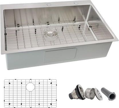 33x22 Drop In Kitchen Sink, Delironexu 18 Gauge 304 Stainless Steel Single Bowl Kitchen Sink, 33 Inch Top Mount Kitchen Sink, Kitchen Sink 33x22 Drop In with Bottom Grid & Drain Assembly
