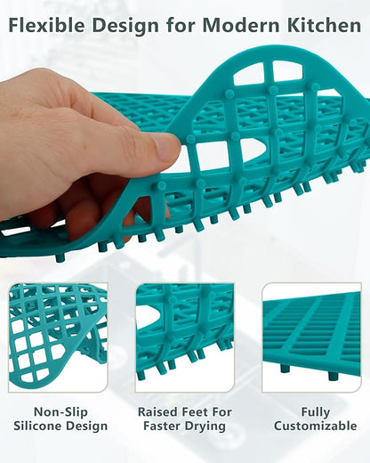2 Pack Silicone Sink Protector for Kitchen Sink, Trellis Pattern 12 x 11" Sink Grid Mat Silicone Protectors, Center Drain, Green