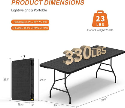 Folding Table 6 Foot for Indoor Outdoor, Portable Heavy Duty Fold-in-Half Utility Plastic Foldable Dining Table with Carrying Handle for Picnic, Camping and Party, Matte Black