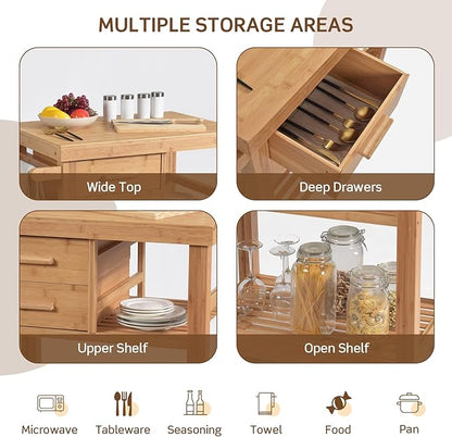 HAPPYGRILL Kitchen Island with Storage, Rolling Kitchen Cart with Shelves and Drawers, Multi-Purpose Bamboo Utility Cart Serving Cart on Lockable Wheels with Towel Rack