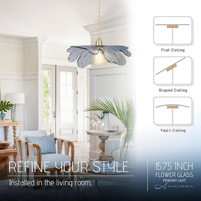 Modern Blue Glass Hanging Lighting 1-Light 15.7" Large Ceiling Pendant Light Art Decor Lampshade Modern Gold Brass Hanging Light for Kitchen Island Bedroom Dining Room