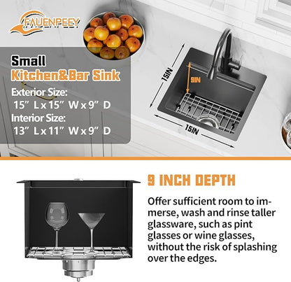 Black 15x15In Kitchen&Bar Workstation Sink- Small Stainless Steel Drop In Single Bowl Bar Sink Built-in Ledge Topmount Workstation Sink With Accessory-SS Grid Cutting Board,Silicon Mat,Drain Assembly