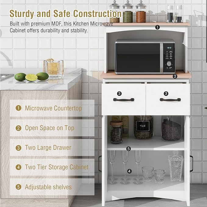 Microwave Stand with Storage, Kitchen Pantry Storage Cabinet with Drawer and Adjustable Shelf, Microwave Cabinet with Open Space for Kitchen, Dining Room, White