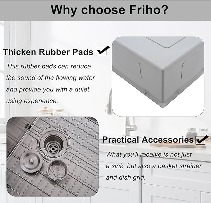 Friho 15x15 Inch Drop in Bar Sink, Top mount Small Kitchen Sink, 16 Gauge Handmade T-304 Stainless Steel Square Single Bowl Sink for RV Wet Bar Prep RV Outdoor with Accessories