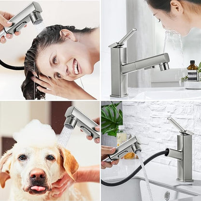 HANLIAN Single Hole Bathroom Pull Out Faucet with Rotating Spout, One Handle Faucet for Bathroom Sink, Modern Bathroom Faucet with Pull Down Sprayer, 3 Modes Vanity Faucets (Brushed Nickel, Regular)