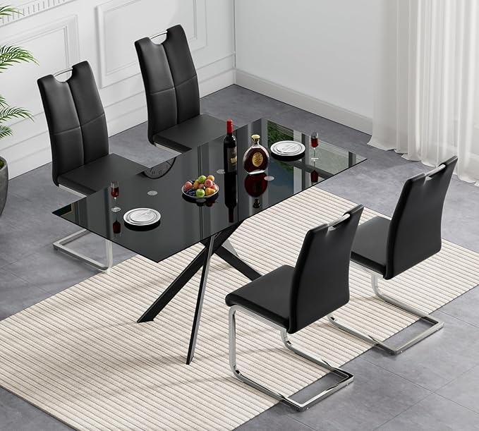 51.2'' Glass Dining Table for 4, Rectangular Dining Room Table for 4, X-Shape Black Metal Legs, Kitchen Dining Room Living Room Black Glass Top Kitchen Table for 2