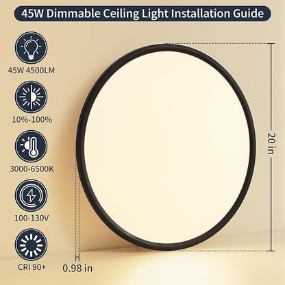 20 Inch Flush Mount Ceiling Light with Remote, 45W Dimmable LED Fixture 4500LM, 3000K-6500K Adjustable, Round Ceiling Lamp for Bedroom, Kitchen, Living Room, Dining Room, Bathroom, Black