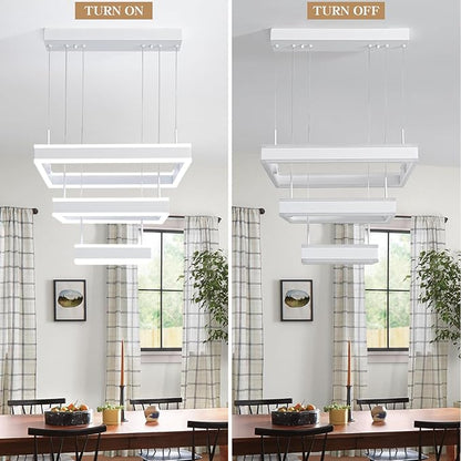 O'NEELDY Modern LED Chandeliers White Square Rings Pendant Light Fixture with Hanging Cord Flush Mount Square Modern Chandeliers for Kitchen Island Dining Room