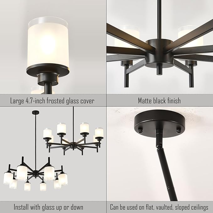 8-Light Farmhouse Chandelier for Dining Room Kitchen Island,Black Modern Pendant Lighting with White Frosted Glass Shades,Industrial Metal Hanging Ceiling Light Fixture for Bedroom Hallway