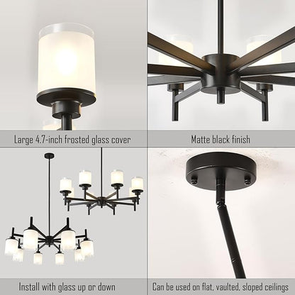 8-Light Farmhouse Chandelier for Dining Room Kitchen Island,Black Modern Pendant Lighting with White Frosted Glass Shades,Industrial Metal Hanging Ceiling Light Fixture for Bedroom Hallway