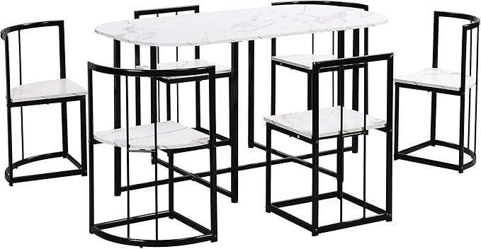 RuiSiSi 7 Piece Dining Table Set for 4, Metal Kitchen Table Set with Faux Marble Tabletop and 6 Dining Chairs for Kitchen, Dining Room, Small Space, Black+White