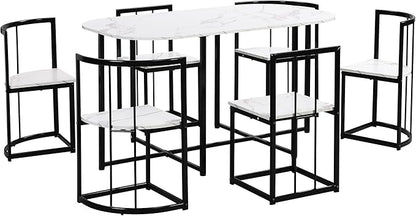 RuiSiSi 7 Piece Dining Table Set for 4, Metal Kitchen Table Set with Faux Marble Tabletop and 6 Dining Chairs for Kitchen, Dining Room, Small Space, Black+White