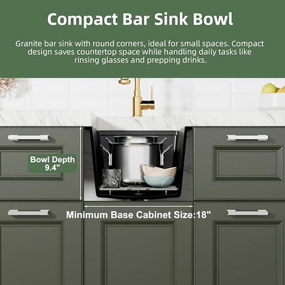 Davivy 15 x 17 x 10 Inch Black Granite Composite Bar Sink Workstation,15 inch Dual-Mount Bar Prep Sink, Small Single Bowl Design with Accessories
