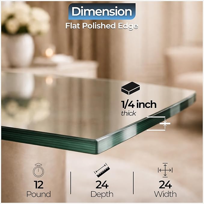 STONELITE FURNITURE 24" inch Square Tempered Glass Table Top - 1/4 inch Thickness & Flat Polished Edge - Clear Surface & Scratch Resistant - Ideal for Dining Room, Kitchen, Patio & Coffee Tables