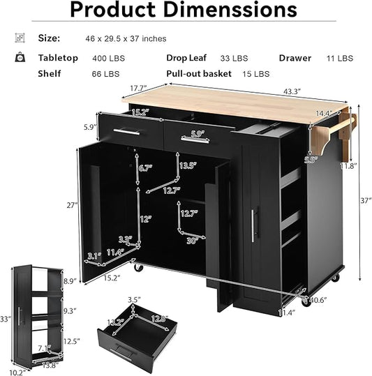 YOPTO 46" Kitchen Island with Drop Leaf,Dining Storage Cart W/ 3 Tier Pull Out Cabinet Organizer & Internal Storage Rack,Rolling Cart on Wheels W/Towel Rack & 2 Drawers,for Kitchen,Black