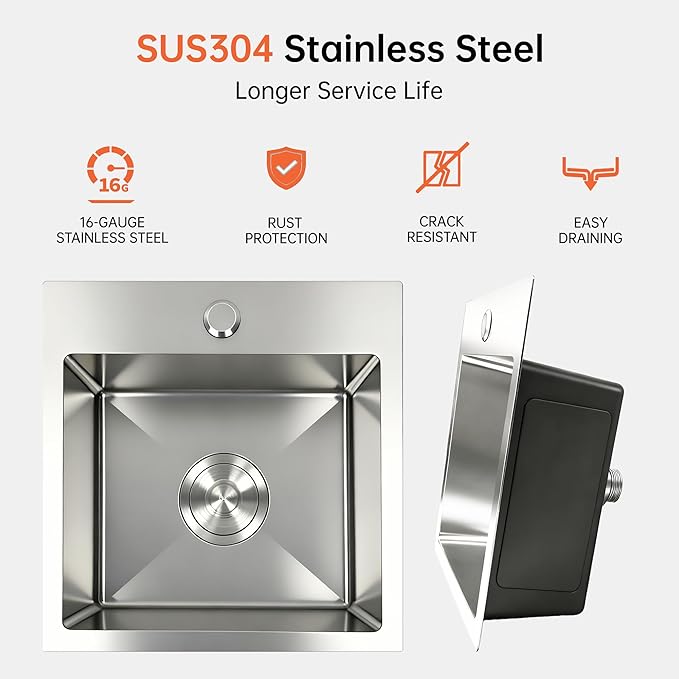 15x15 Inch Single Bowl Kitchen Sink,304 Stainless Steel Top Mount Kitchen Sinks Bar Sink,Handmade 16 Guage Small Kitchen Sink Brushed Nickel Deep Kitchen Sinks RV Sink