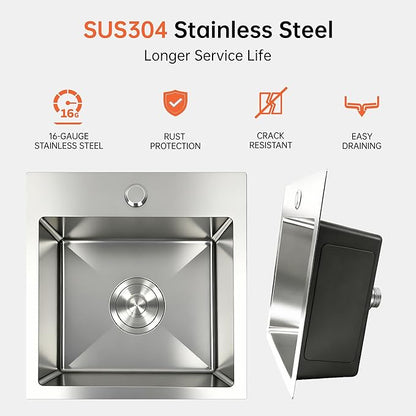 15x15 Inch Single Bowl Kitchen Sink,304 Stainless Steel Top Mount Kitchen Sinks Bar Sink,Handmade 16 Guage Small Kitchen Sink Brushed Nickel Deep Kitchen Sinks RV Sink