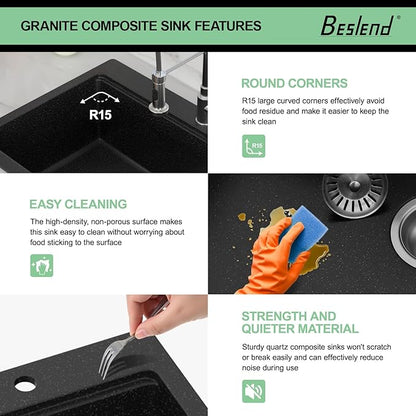 33 Granite Composite Kitchen Sink - Beslend 33x22 Drop In Black Kitchen Sink, Topmount Granite Luxury Above Counter Worksation Black Sinks Easy Clean Quartz Dish Basin for Kitchen Remodel